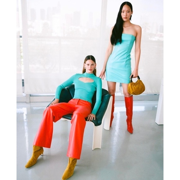 STAUD 90s Turquoise Rib Knit Mockneck Heart Cutout Long Sleeve Slim Fit Top XS - Picture 3 of 12